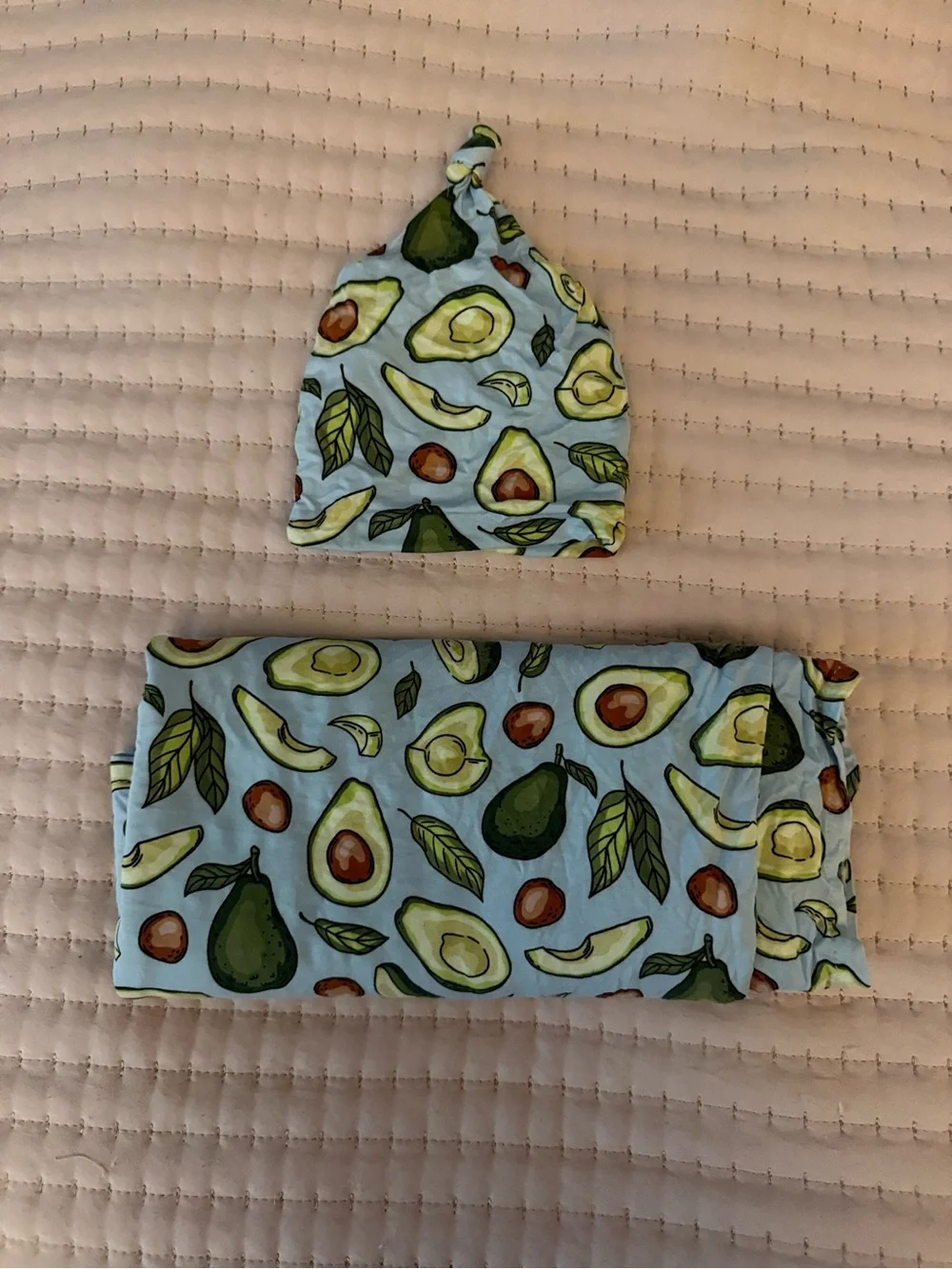 Little Sleepies Hat and Swaddle Set - Light Blue Avocado Print